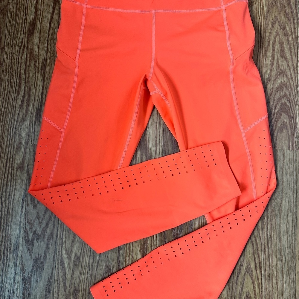 Athleta Laser-Cut High Rise Run Tight in Neon Coral | Compression Leggings Small - Picture 5 of 15